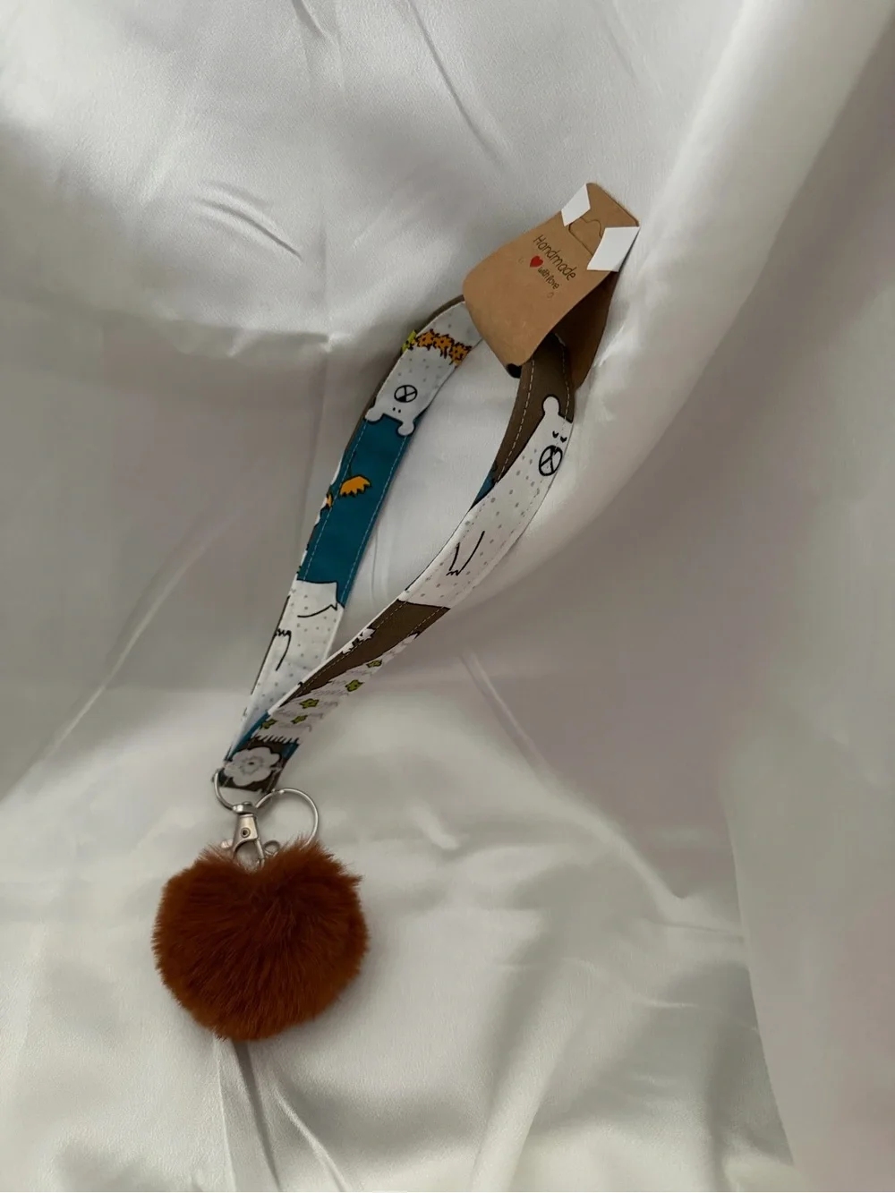 Handmade Owl and Bear Pattern Wristlet Keychain with Brown Pompom